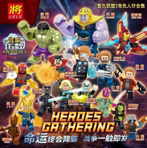 Bộ Nhân Vật Avengers 3 - 16 Mẫu LELE 34044, bao gồm Hulk, Thanos, Iron Man, Spider-Man, Doctor Strange, Thor, Captain America, Star-Lord, Vision, Black Panther, Gamora, Black Widow, Groot, Loki, Ebony Maw, Rocket Raccoon