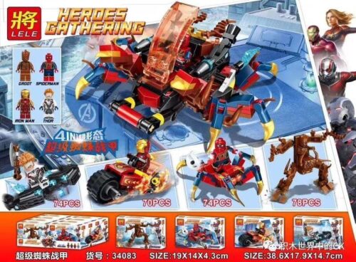 Bộ lắp ráp Robot Nhện Siêu Anh Hùng LELE 34083 giá rẻ, gồm 296 mảnh ghép và 4 minifigures Marvel cho bé trai 6 tuổi.