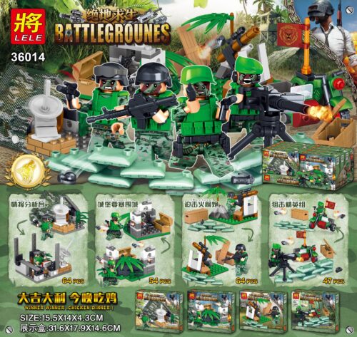 Logo hãng LELE và mã sản phẩm 36014 của bộ lắp ghép PUBG, đồ chơi mô hình chiến trường PUBG.