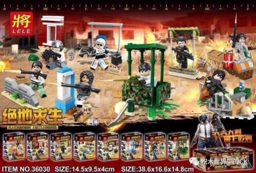 Bộ đồ chơi Minifigure PUBG LELE 36030 giá tốt cho bé trai 6 tuổi, mô tả chi tiết các nhân vật và hộp sản phẩm.