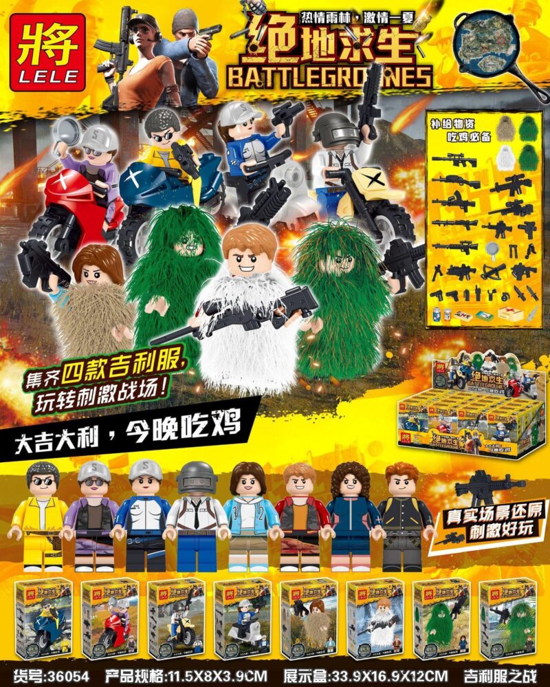 Bộ đồ chơi PlayerUnknown's Battlegrounds LELE 36054 với 8 minifigure Ghillie Suit và xe mô tô, phù hợp cho bé trai 6 tuổi, giá tốt.