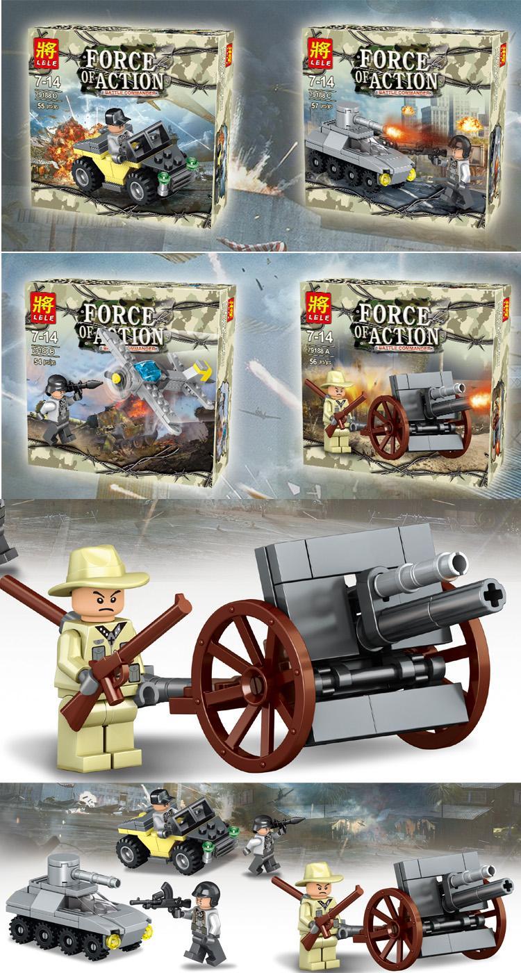 Hộp bộ đồ chơi LELE 79188D xe Jeep quân sự, đồ chơi mô hình lính chiến trường Force of Action, phù hợp bé trai 7 tuổi.