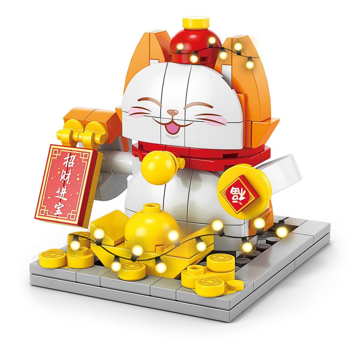 Mô hình Mèo Thần Tài Đón Xuân LELE BROTHER 8937-3 có đèn LED, biểu tượng may mắn tài lộc, đồ chơi xếp hình cho bé trai và bé gái 6 tuổi