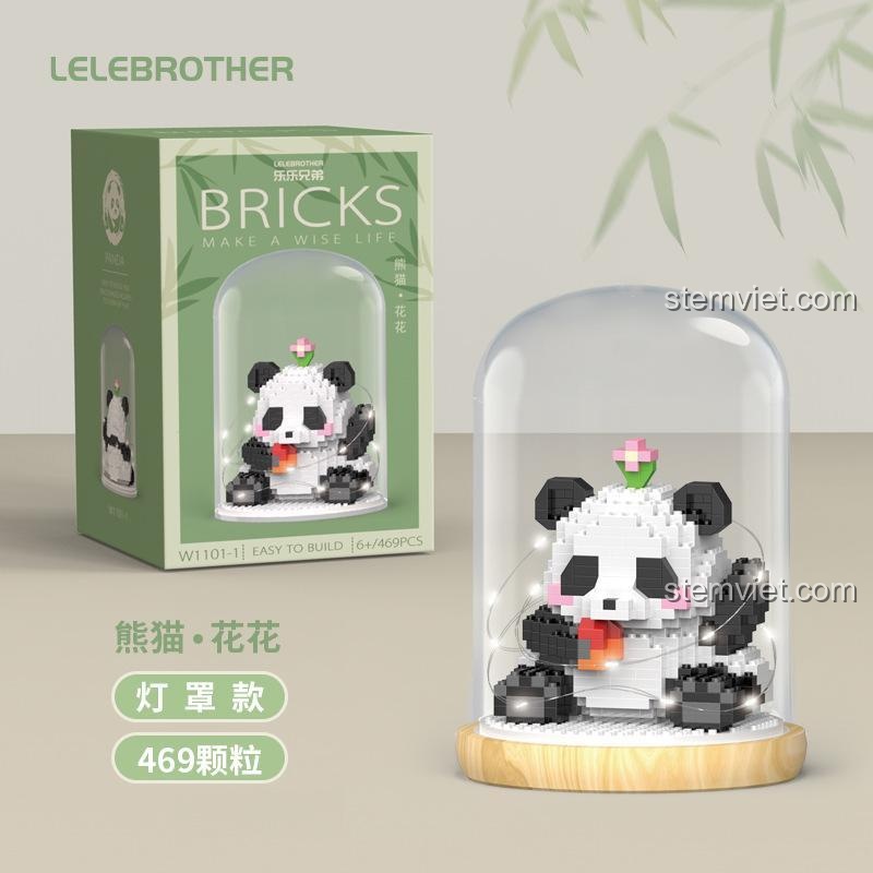 Mô hình Gấu Trúc Mini LELE BROTHER W1101 trong lồng kính, đồ chơi xếp hình Gấu Trúc Hoa Hoa, chất lượng cao