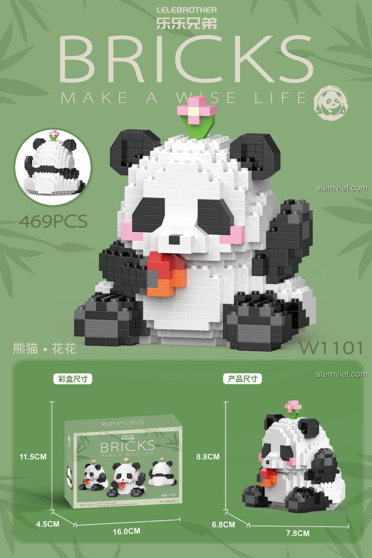 Ảnh kích thước chi tiết mô hình Gấu Trúc Hoa Hoa W1101 và hộp đồ chơi mô hình LELE BROTHER, giúp bé 6 tuổi phát triển trí tuệ