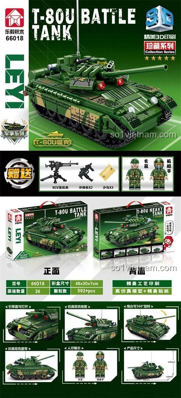 Chi tiết mô hình xe tăng chiến đấu T-80U LEVI 66018, bao gồm bánh xích, pháo và minifigure