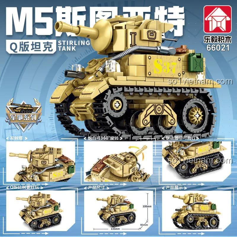 Thông tin chi tiết và tính năng của đồ chơi mô hình LeYi 66021 Xe tăng M5 Stuart: tháp pháo xoay 360 độ, xích di chuyển được.