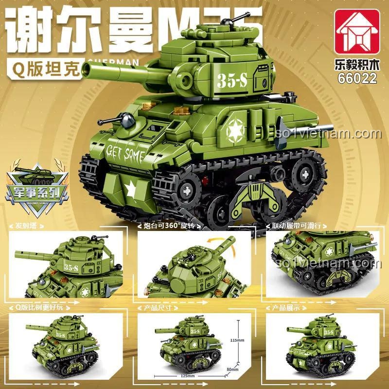 Hình ảnh mô tả các tính năng của bộ lắp ráp 66022 Xe tăng Sherman Chibi, bao gồm tháp pháo xoay, xích di chuyển và kích thước chi tiết của mô hình.