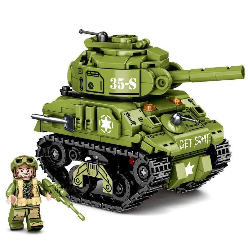 Mô hình bộ lắp ghép Xe tăng Sherman LEYI 66022 phiên bản Chibi màu xanh lá, đi kèm một minifigure lính Mỹ. Món đồ chơi cho con trai 6 tuổi giá rẻ.