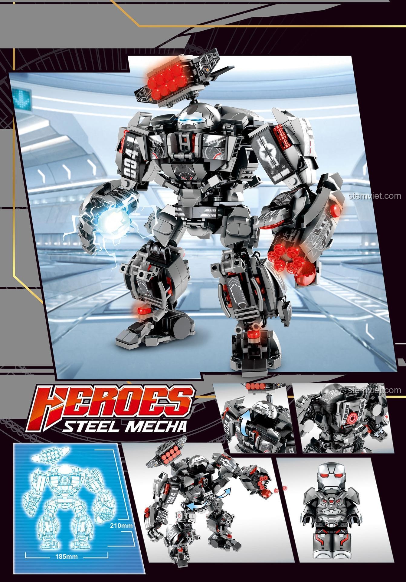 Kích thước chi tiết của đồ chơi mô hình LeYi 76013 Mecha War Machine, cao 21cm, kèm minifigure.