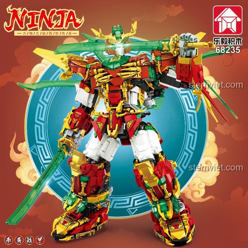 Cận cảnh đồ chơi mô hình Robot chiến đấu Ninja sau khi lắp ráp từ bộ LeYi Bricks 68235, với các chi tiết màu đỏ, vàng, xanh lá sắc nét.