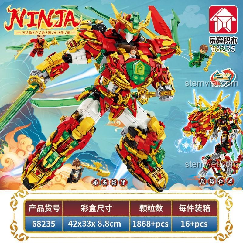 Thông số kỹ thuật của bộ xếp hình Rồng Lửa Hủy Diệt 68235: 1868 mảnh, kích thước hộp 42x33x8.8cm, thương hiệu LeYi Bricks.