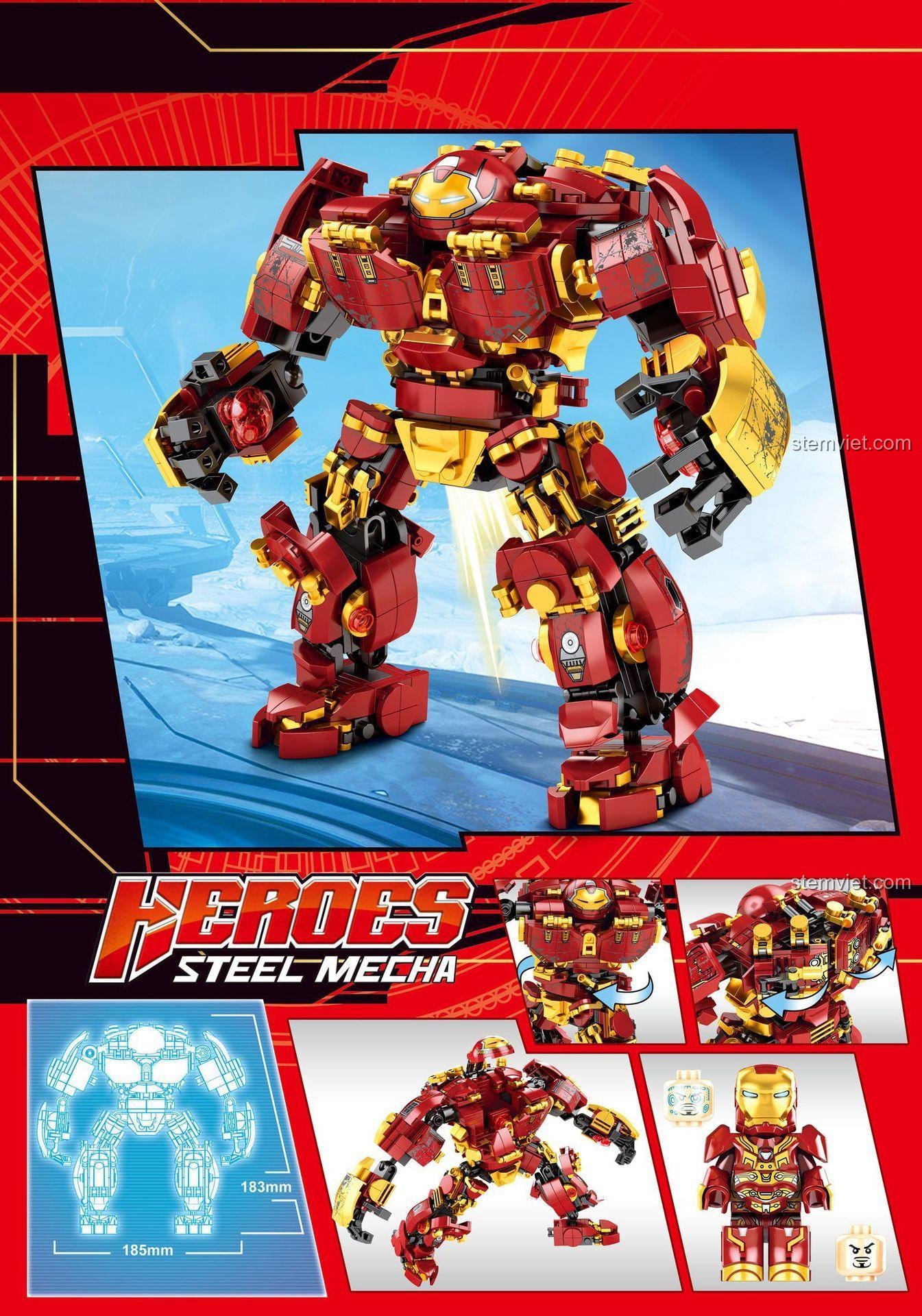 Chi tiết mô hình Robot Hulkbuster 76015 từ LeYi Bricks sau khi lắp ráp, với các khớp cử động và minifigure Iron Man. Bộ xếp hình chất lượng cao.