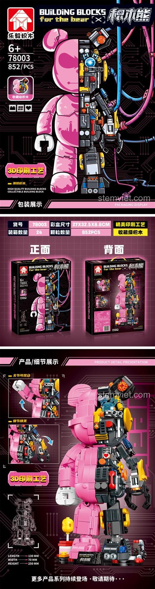 Hộp đồ chơi lắp ráp LeYi Bricks 78003 Gấu Bearbrick Cơ Khí với kích thước chi tiết, 852 mảnh ghép, chất lượng cao cho bé trai.