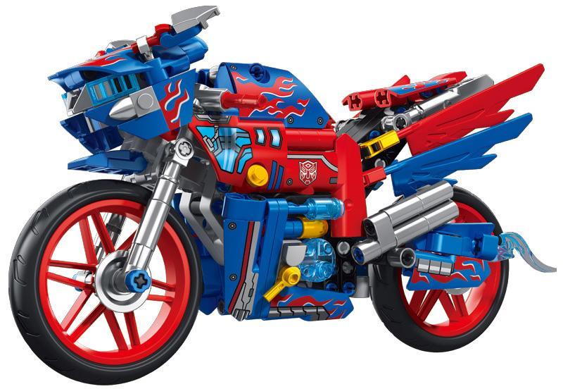 Mô hình xe máy biến hình màu xanh đỏ 乐毅积木 88080