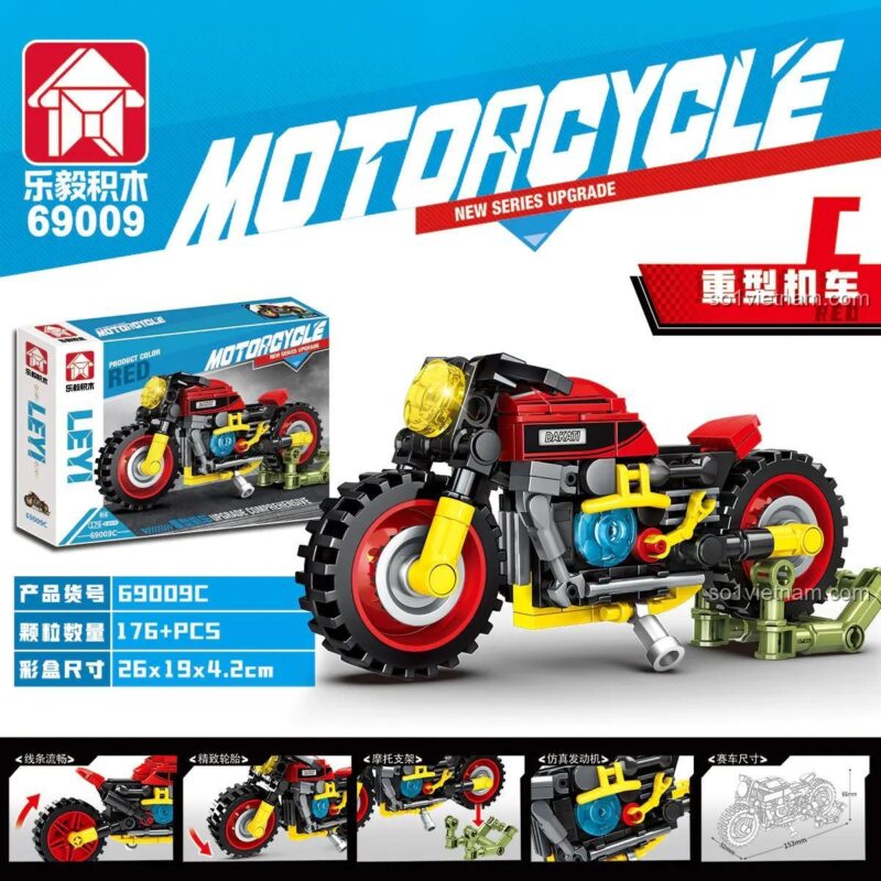 Bộ xếp hình Leyu 69009C Xe Mô Tô Hạng Nặng Đỏ, 176 chi tiết, tốc độ đỉnh cao, cho bé trai 6 tuổi, giá trị cao.