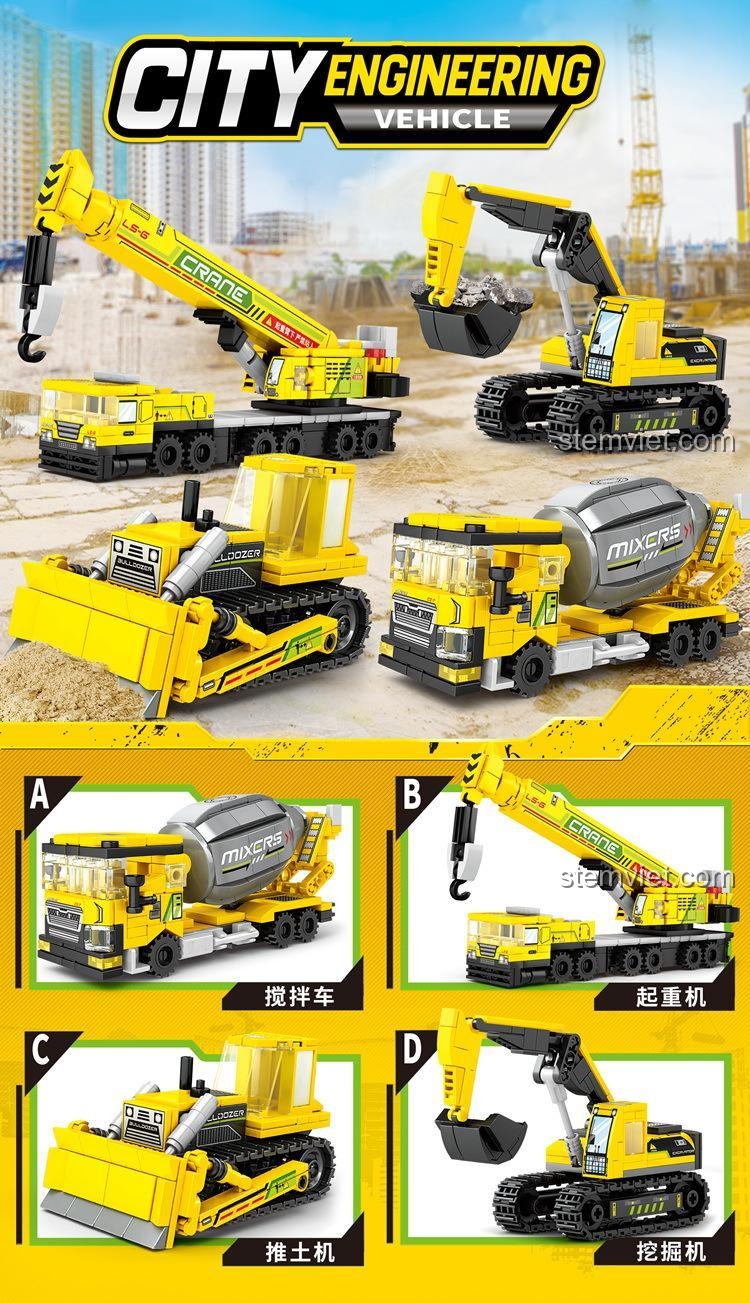 Hộp bộ lắp ráp Leyu Bricks 69012 xe công trình thành phố, đồ chơi xây dựng 4 kiểu cho bé trai, chất lượng cao, giá tiết kiệm.