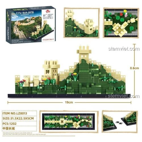 Hộp sản phẩm bộ đồ chơi Lezi LZ8013 Vạn Lý Trường Thành, kích thước 31.5x22.5x5cm, 1202 chi tiết, cho bé 6 tuổi