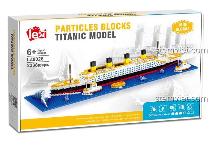 Hộp sản phẩm đồ chơi xây dựng Tàu Titanic Lezi LZ8026, mô hình tỉ mỉ, siêu tiết kiệm cho bé trai 6 tuổi.