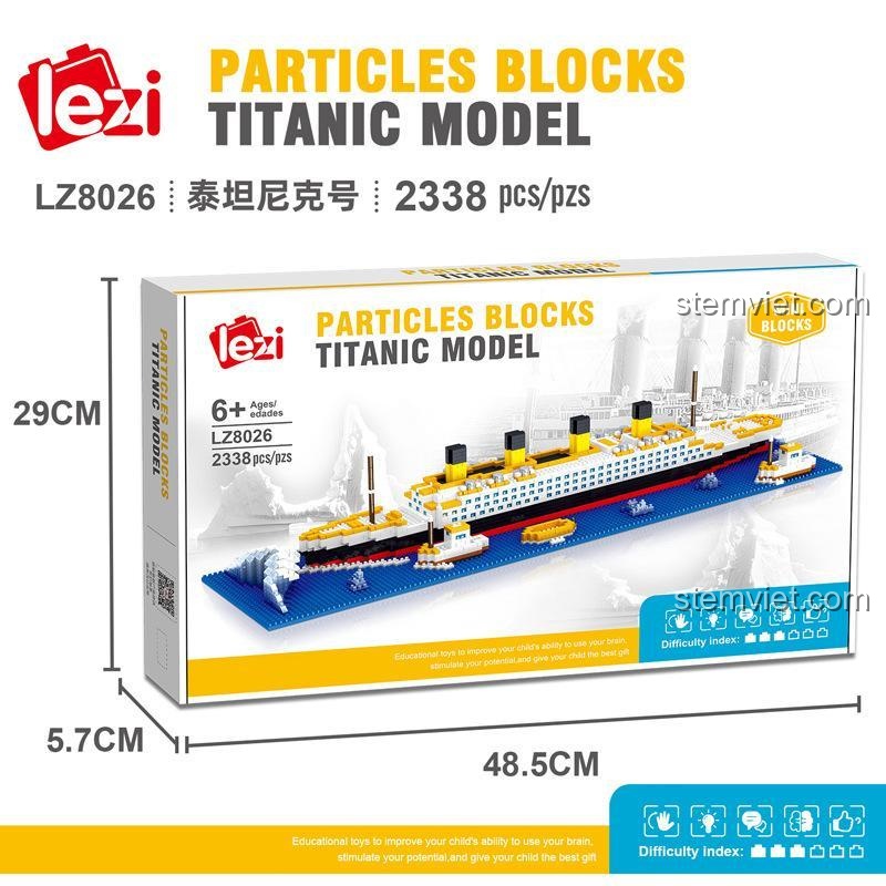 Kích thước hộp bộ lắp ghép Tàu Titanic Lezi LZ8026, 2338 mảnh ghép, đáng tiền cho mẹ có con 6 tuổi.