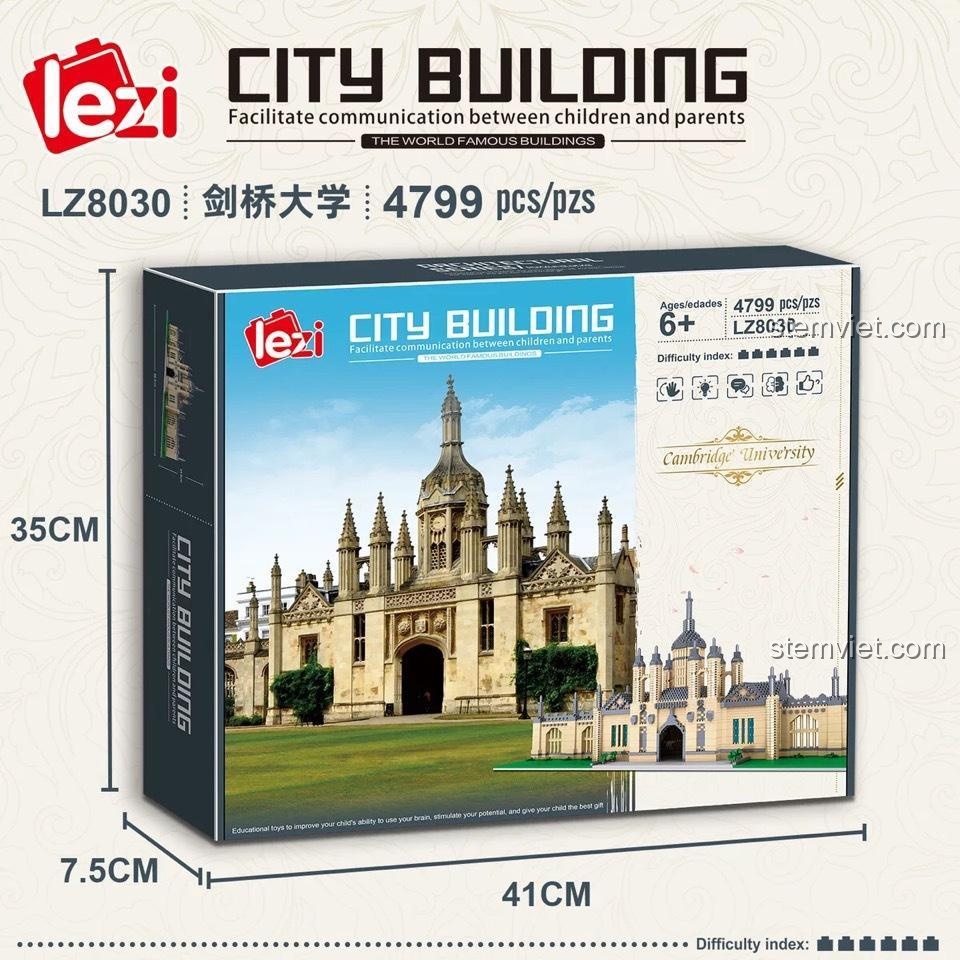 Hộp sản phẩm bộ lắp ghép Lezi LZ8030 Đại học Cambridge với thông tin 4799 chi tiết, độ tuổi 6+ và kích thước hộp 41x35x7.5cm.