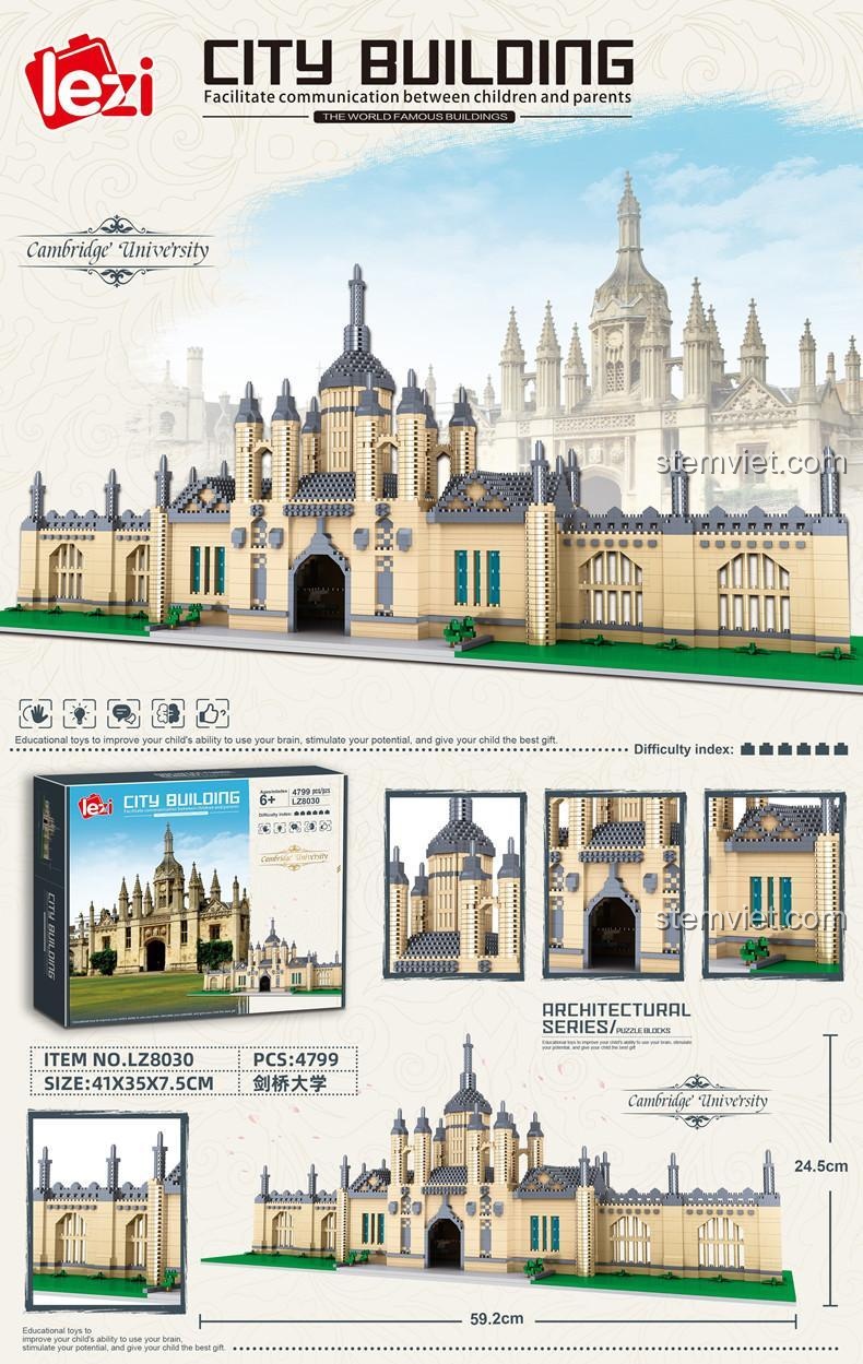 Ảnh tổng hợp bộ đồ chơi xây dựng Lezi LZ8030, thể hiện kích thước mô hình Đại học Cambridge 59.2x24.5cm và các chi tiết kiến trúc tinh xảo.