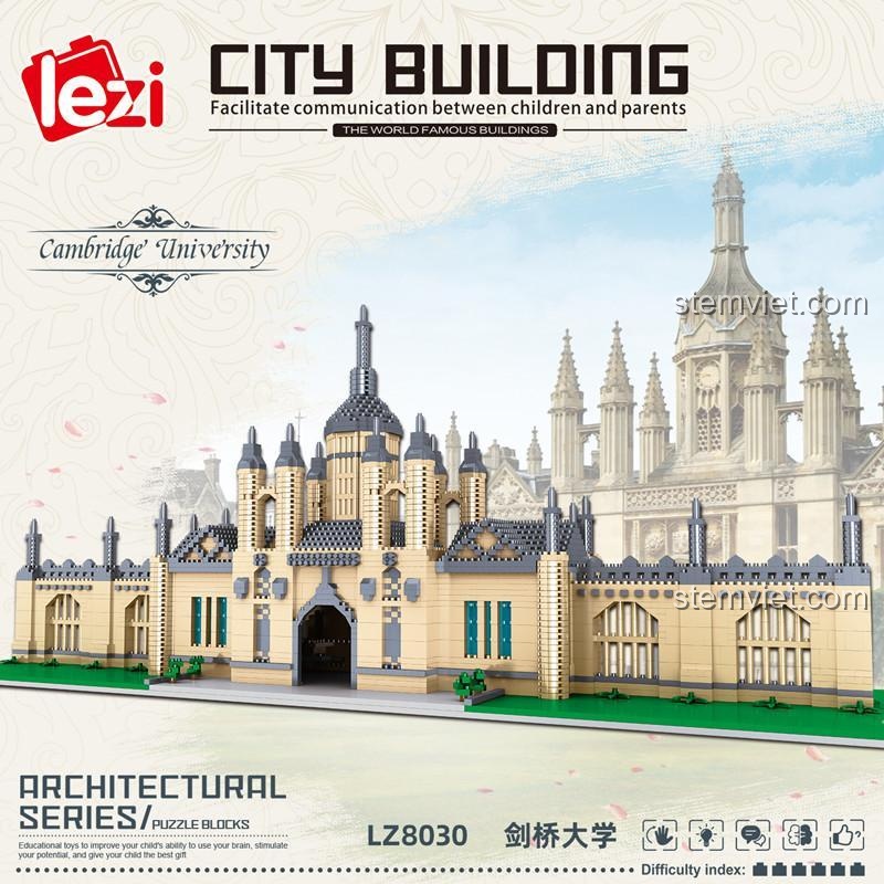 Poster quảng cáo bộ xếp hình Lezi LZ8030 Đại học Cambridge, làm nổi bật vẻ đẹp kiến trúc của mô hình và thông tin sản phẩm.