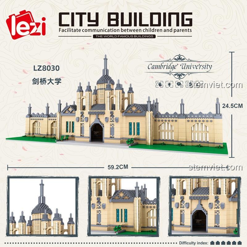 Hình ảnh chi tiết kích thước của đồ chơi mô hình Lezi LZ8030 Đại học Cambridge, dài 59.2cm và cao 24.5cm, một lựa chọn giá tốt cho người yêu kiến trúc.