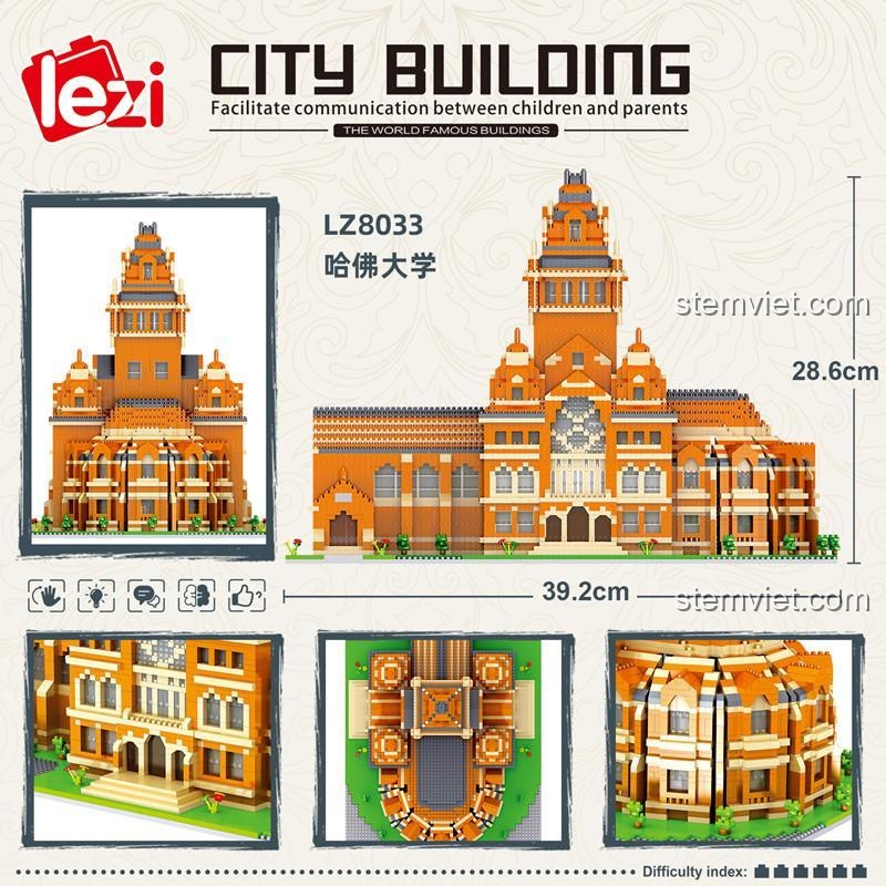 Kích thước chi tiết bộ lắp ghép Lezi 8033 Đại học Harvard, dài 39.2cm, cao 28.6cm, đồ chơi xây dựng cho bé 6+.