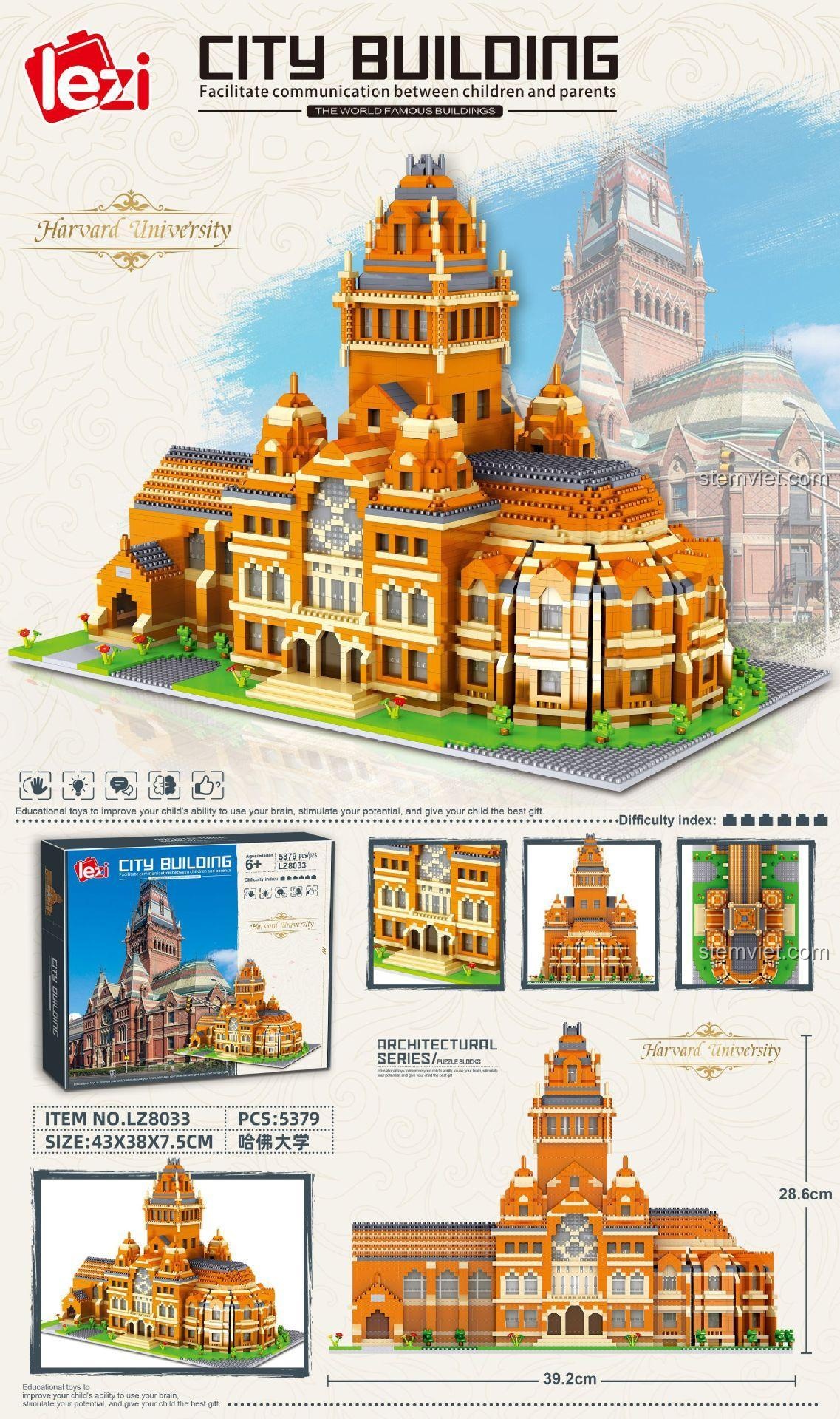 Thông tin chi tiết bộ đồ chơi xây dựng Lezi LZ8033 Đại học Harvard, 5379 mảnh, kích thước hộp 43x38x7.5cm.