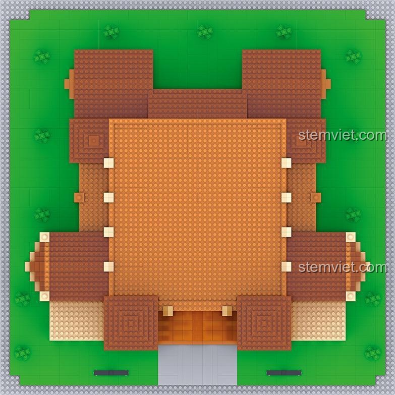 Góc nhìn từ trên xuống của mô hình Lezi LZ8036, cho thấy cách bố trí tổng thể của Viện Công nghệ California trên một tấm nền xanh.