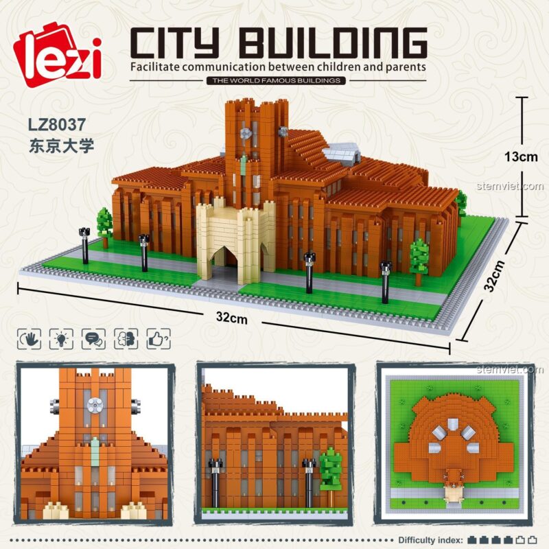 Kích thước chi tiết bộ xếp hình LZ8037 Mô hình kiến trúc Đại học Tokyo, 32x32x13cm, chất lượng cao.
