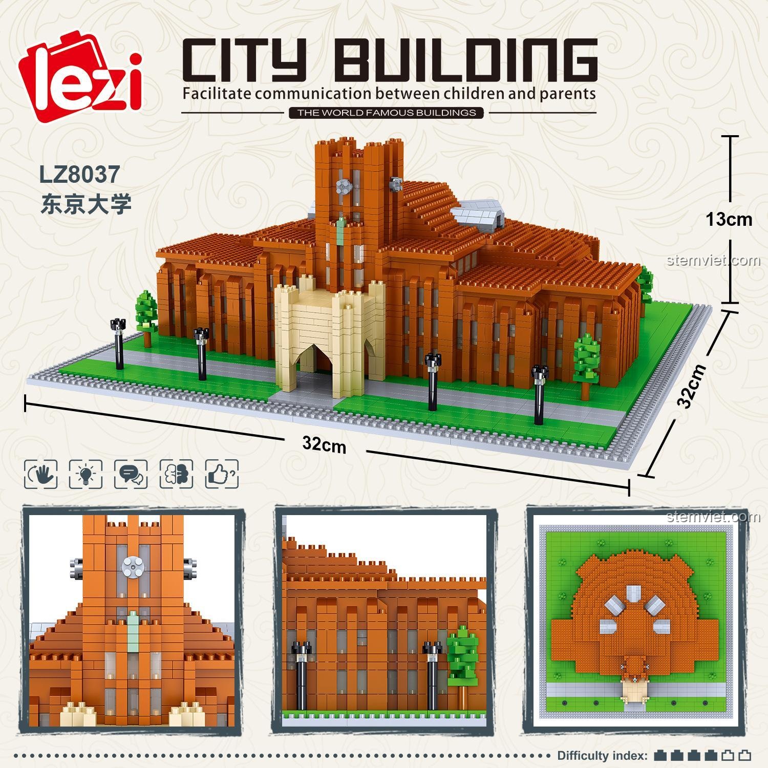 Kích thước chi tiết bộ xếp hình LZ8037 Mô hình kiến trúc Đại học Tokyo, 32x32x13cm, chất lượng cao.