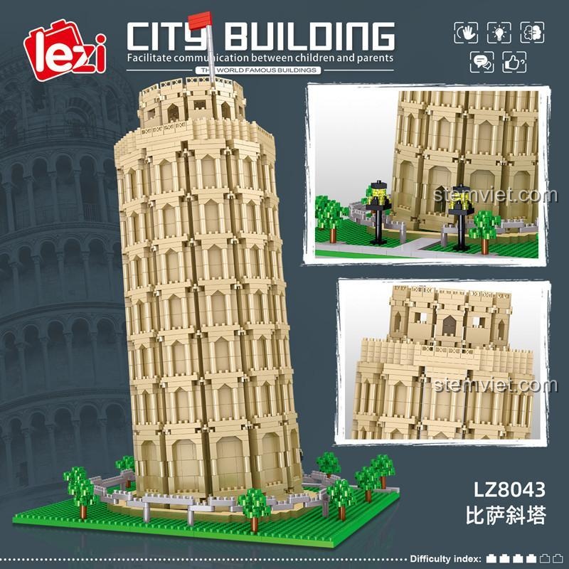 Chi tiết bộ xếp hình LZ8043 Tháp nghiêng Pisa, đồ chơi xây dựng Lezi chất lượng cao, quà tặng sáng tạo cho bé.