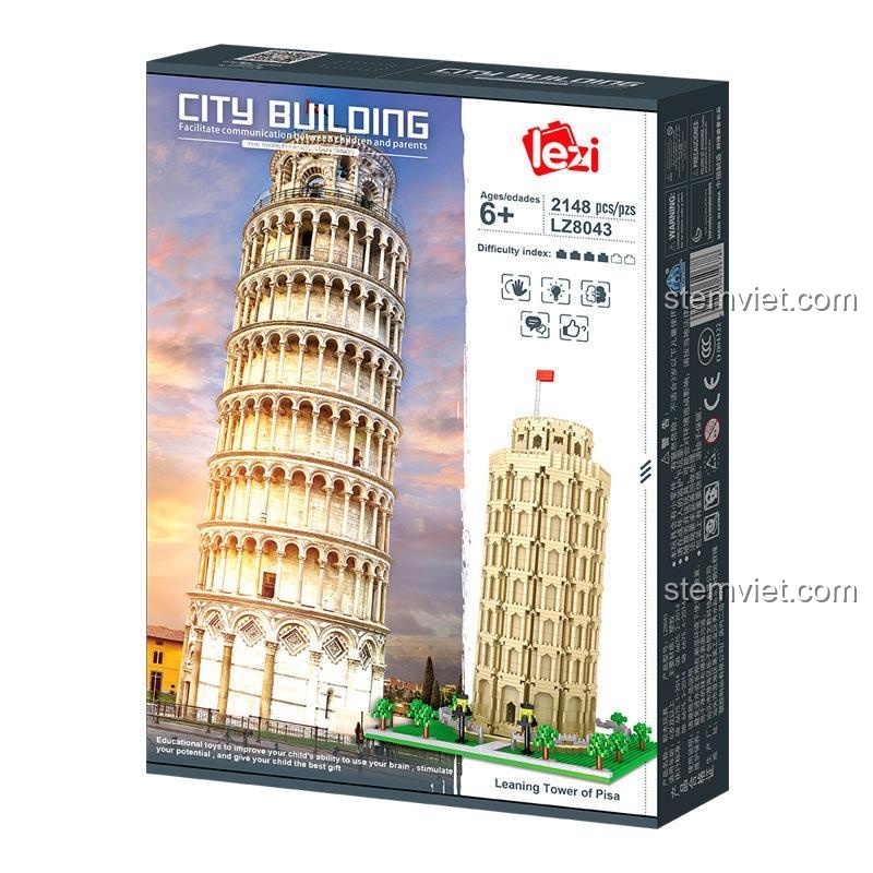 Hộp sản phẩm đồ chơi xây dựng Lezi LZ8043 Tháp nghiêng Pisa, 2148 chi tiết, chất lượng đảm bảo.