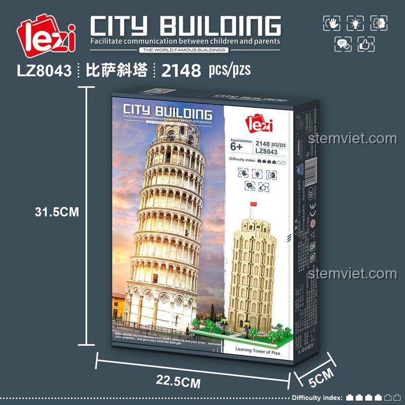 Kích thước hộp bộ lắp ghép Lezi 8043 Tháp nghiêng Pisa, món quà ý nghĩa cho bé trai và bé gái 6 tuổi.