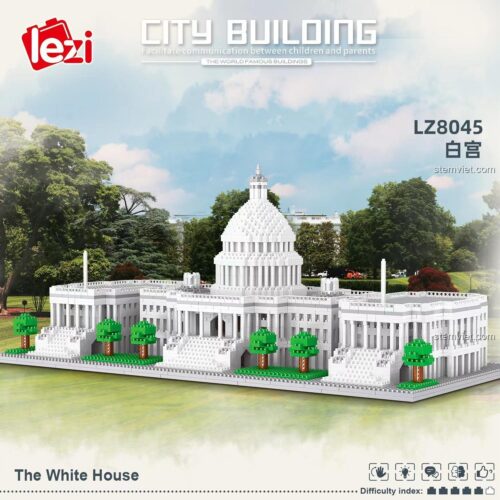 Mặt trước hộp của bộ xếp hình Lezi LZ 8045, hiển thị hình ảnh Tòa nhà Quốc hội Hoa Kỳ hùng vĩ. Tên sản phẩm trên hộp là The White House (Nhà Trắng).