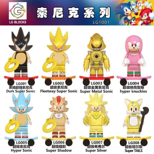 Bộ đồ chơi Minifigure Sonic LG BLOCK LG001, 8 nhân vật Sonic the Hedgehog với phụ kiện skateboard và nhẫn vàng, phù hợp cho bé trai 6 tuổi, giá tốt.