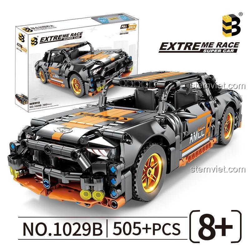 Hộp bộ lắp ghép Lianhe Chuangxiang 1029B Xe Ford Mustang 505 mảnh, đồ chơi lắp ráp cho bé trai 6 tuổi, thể hiện số chi tiết và độ tuổi khuyến nghị.