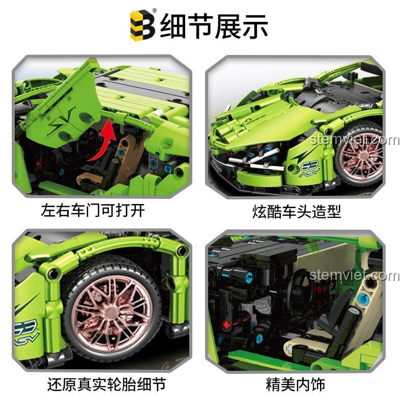 Chi tiết cửa mở, bánh xe và nội thất của bộ xếp hình Xe đua Lamborghini Sián 1330.