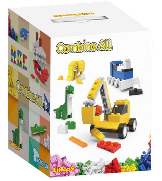 Hộp đồ chơi xếp hình LiNooS LN1005 Thùng gạch sáng tạo Combine All 500 mảnh cho bé 5-12 tuổi, giá rẻ. Ảnh chụp hộp với mô hình xe cẩu và khủng long.