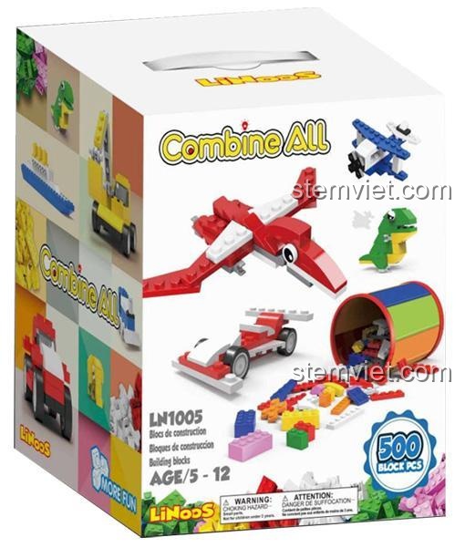 Bộ lắp ghép LiNooS 1005 Thùng gạch sáng tạo 500 chi tiết, tương thích LEGO. Ảnh chụp hộp với mô hình máy bay và xe đua.