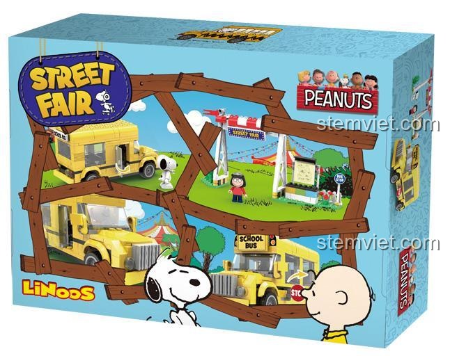 Bộ đồ chơi lắp ráp LiNooS LN8006 Snoopy Hội Chợ Đường Phố và Xe Buýt Trường Học với các cảnh chơi đa dạng, phù hợp cho bé 5-12 tuổi phát triển sáng tạo