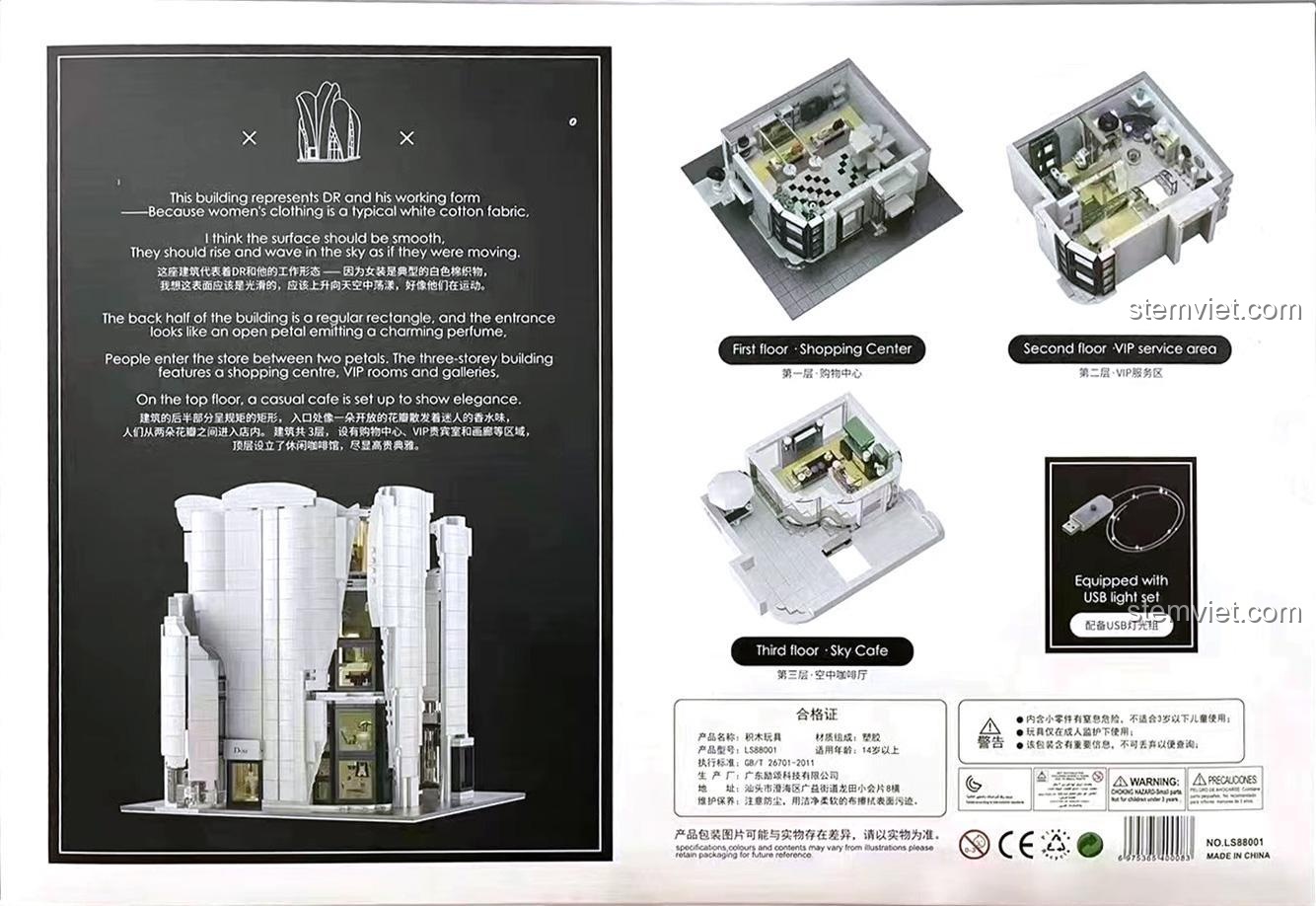 Mô hình kiến trúc Dior LS88001 với thiết kế nội thất chi tiết, có đèn LED USB, phù hợp cho người chơi 14 tuổi trở lên