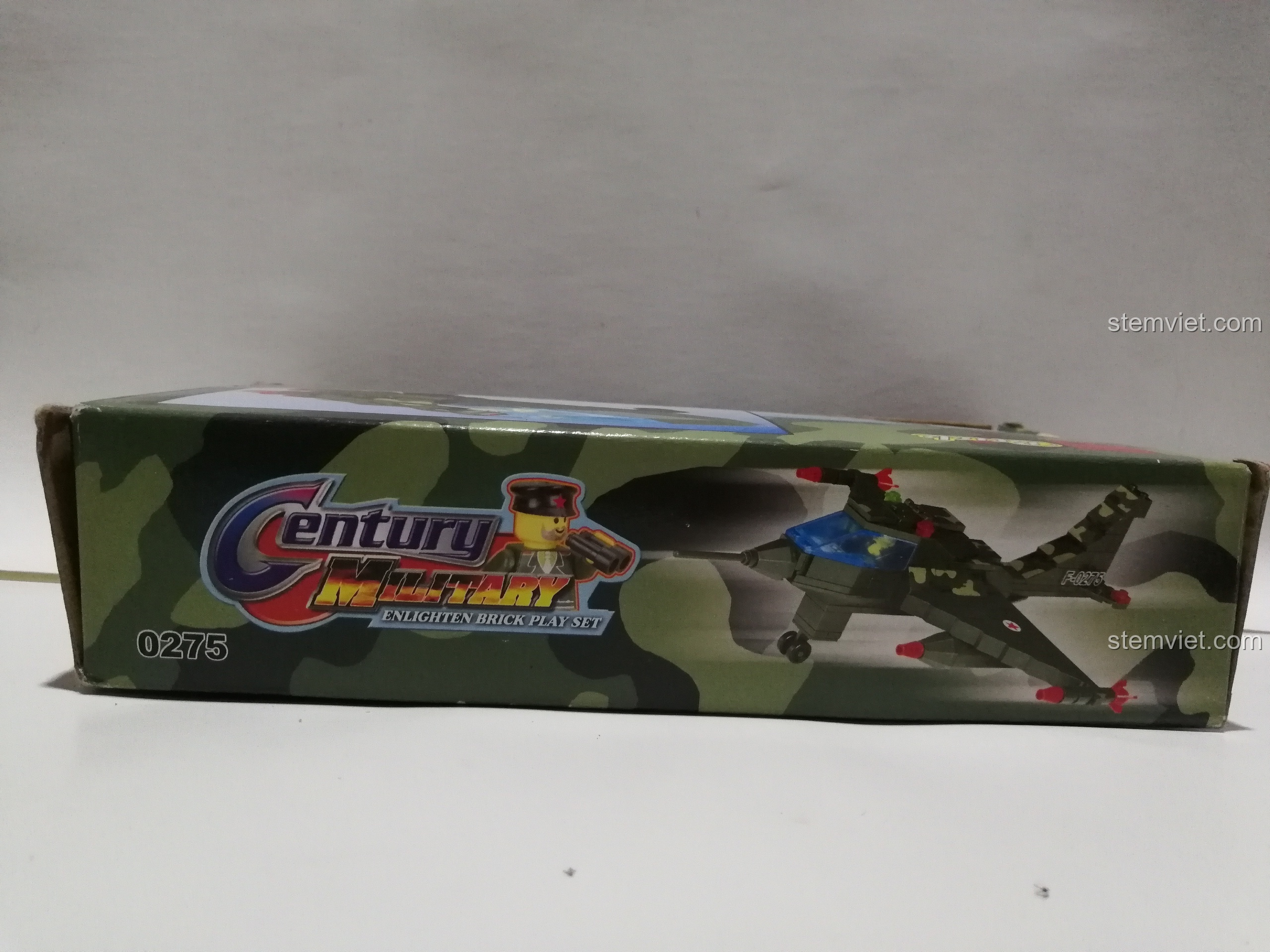 Cạnh dài của hộp đồ chơi xếp hình Enlighten 0275 với logo dòng Century Military và hình ảnh máy bay chiến đấu Phantom.