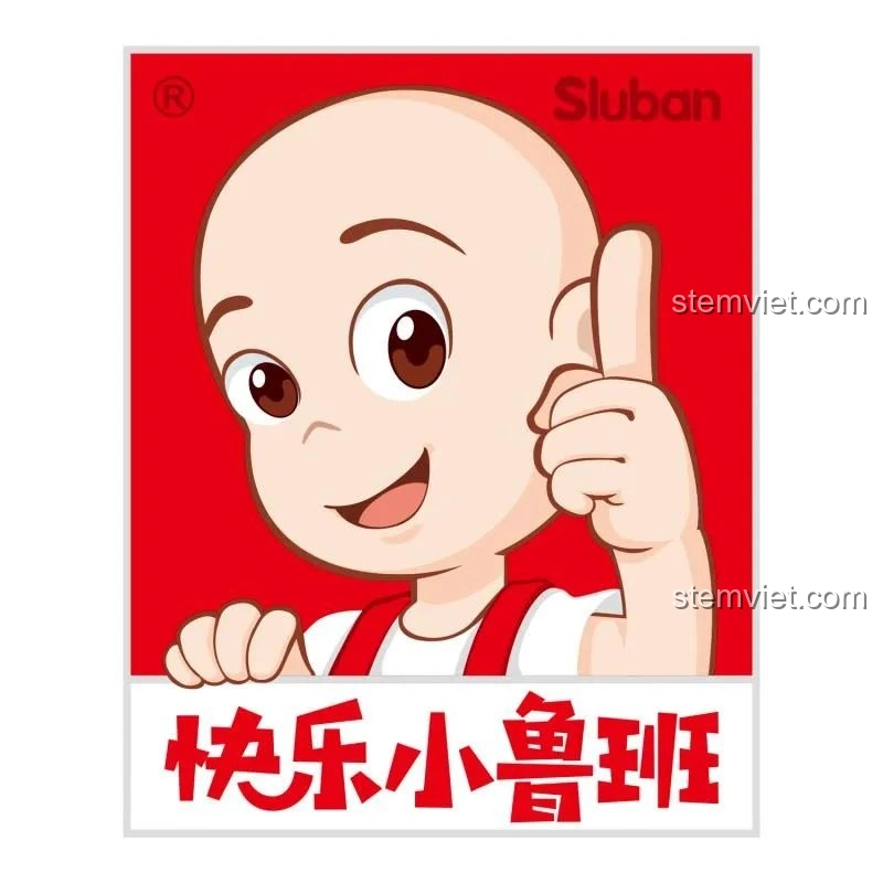 Logo Sluban màu đỏ với hình ảnh em bé vui vẻ, biểu tượng của thương hiệu đồ chơi lắp ráp Sluban chất lượng cao.