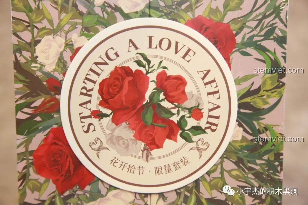 Cận cảnh logo 'Starting A Love Affair' trên bộ lắp ráp hoa hồng bằng gạch SEMBO, thể hiện thông điệp tình yêu.