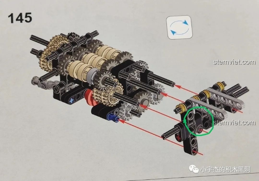 Hình ảnh bước 145 trong sách hướng dẫn của Mould King 13124, chỉ ra một chi tiết bị lắp sai hướng.