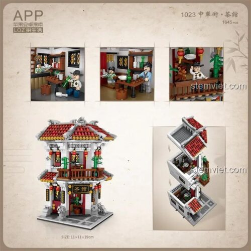 Hộp đồ chơi xây dựng LOZ 1023 Trà Quán Phố Cổ, món quà giá tốt cho bé trai và bé gái yêu thích kiến trúc.