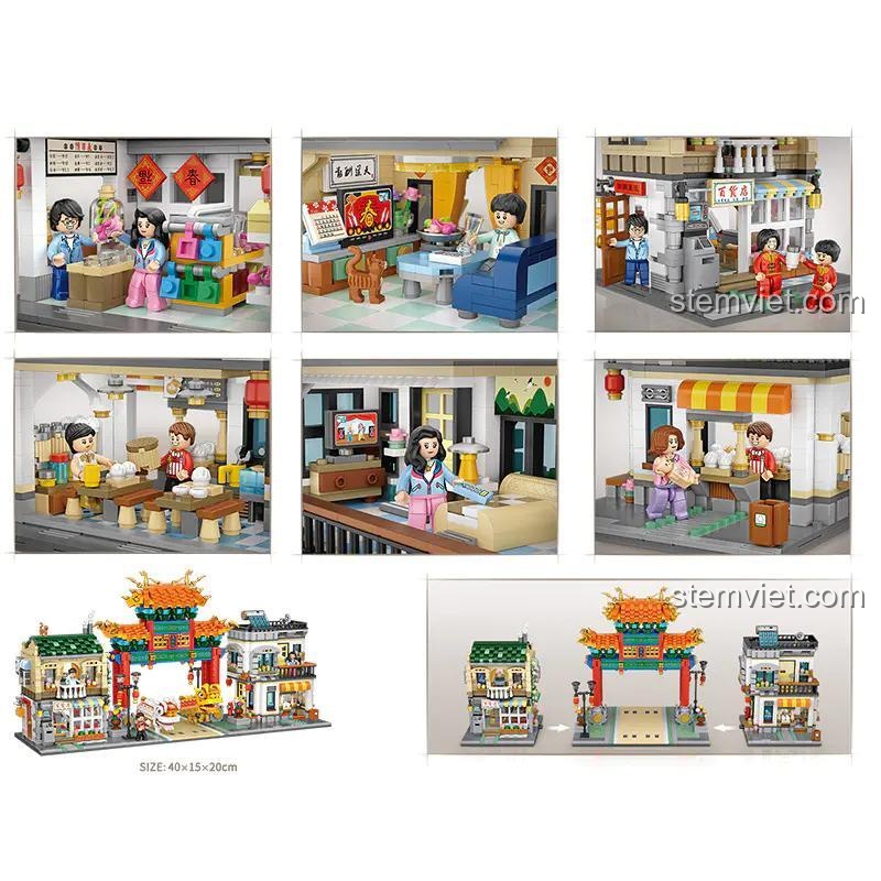 Chi tiết nội thất và kích thước 40x15x20cm của bộ xếp hình LOZ 1030 Cổng chào Phố Tàu, thể hiện sự tinh xảo trong từng chi tiết.